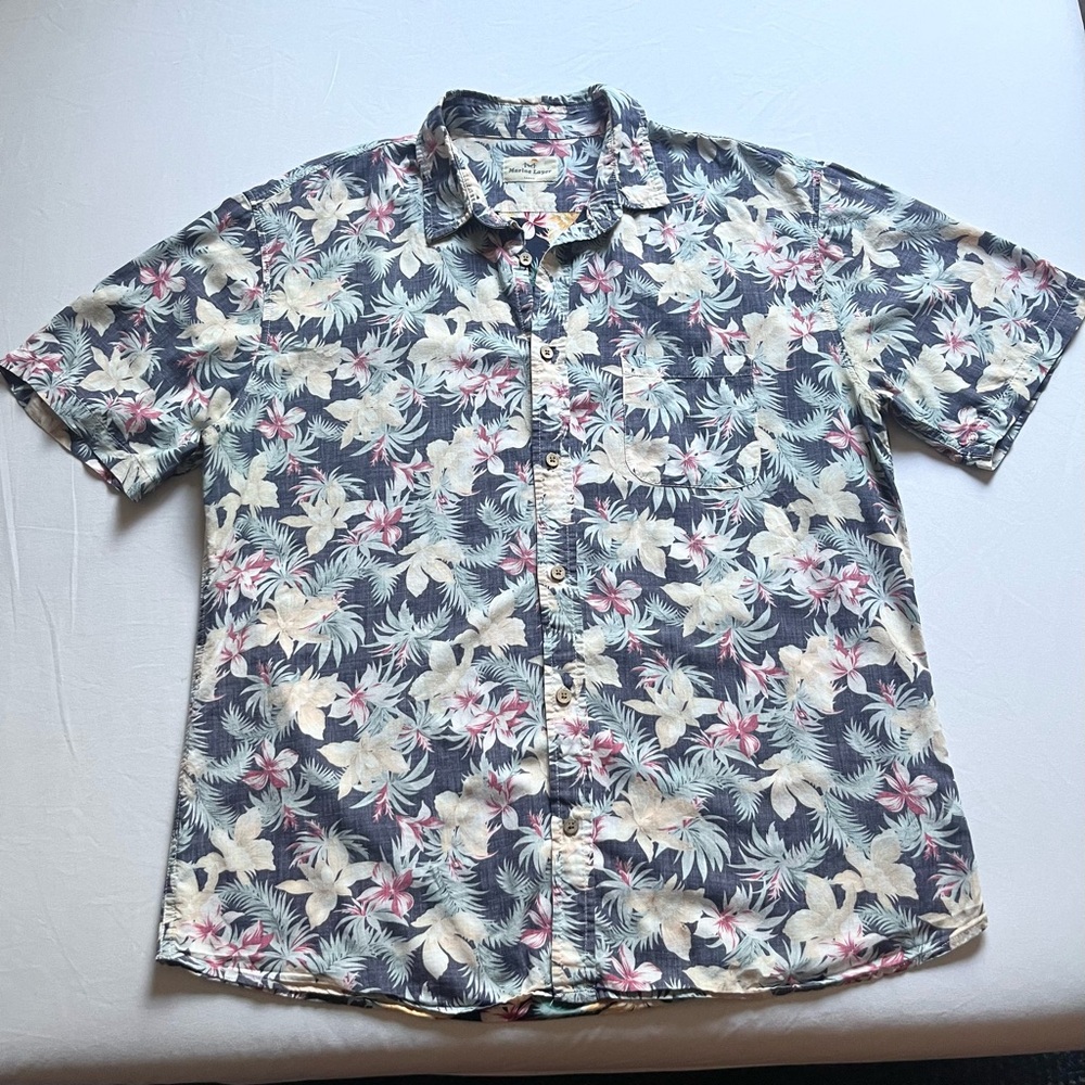 MARINE LAYER navy floral tropical Hawaiian rayon cotton short sleeve button up